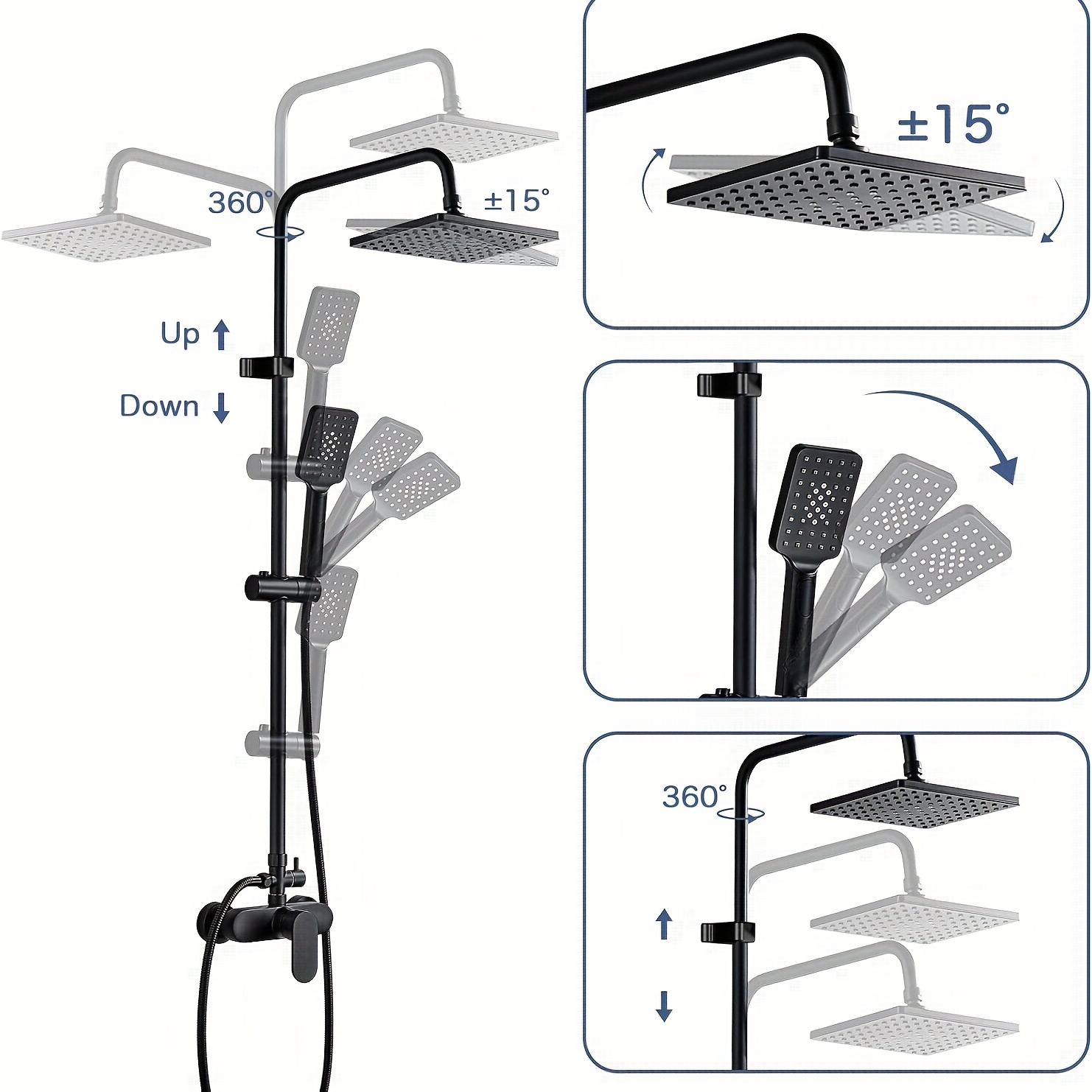 Shower System with Mixer Tap, Adjustable Rain Shower Set