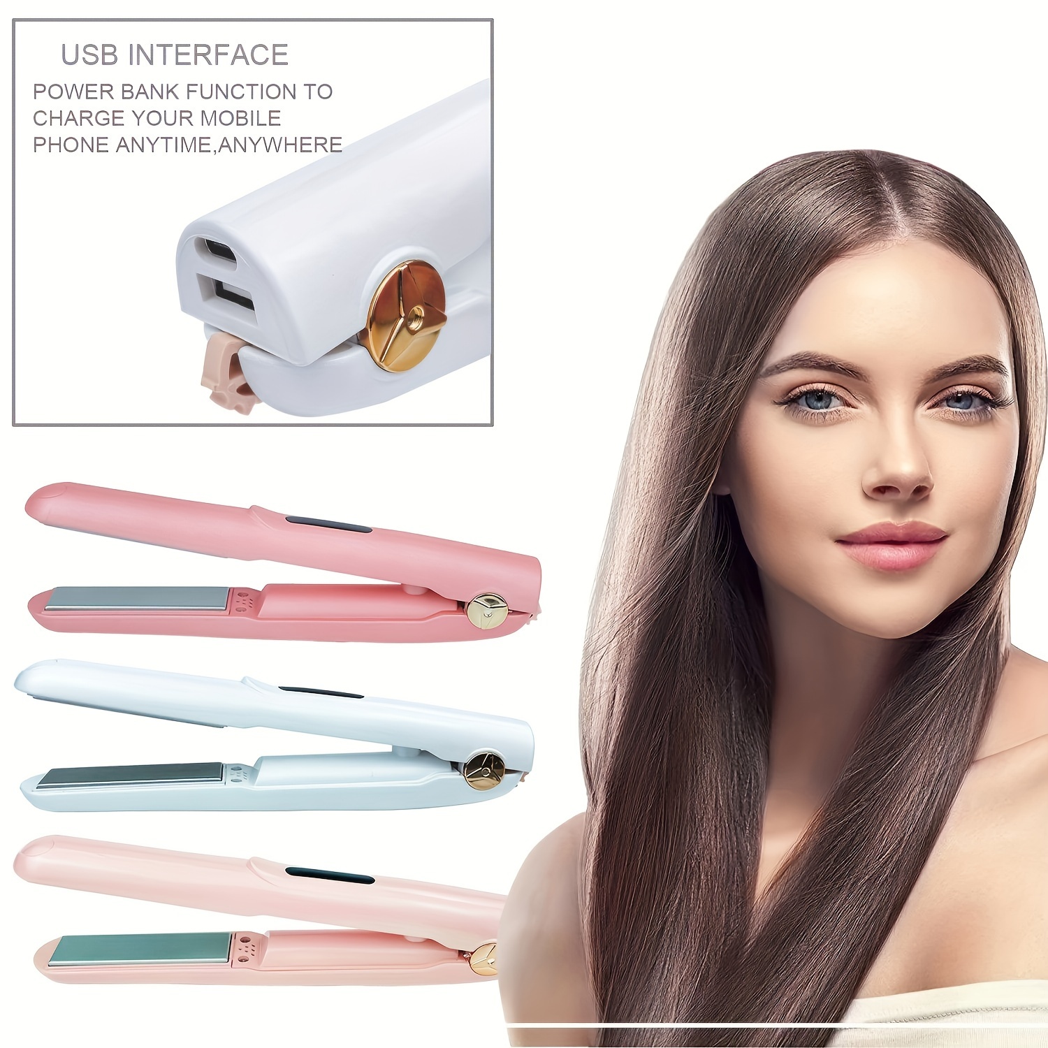 

Portable 2-in-1 Hair Straightener And Curler With Usb Power Bank Function, Mini Cordless Flat Iron, Wireless Charging, Compact For Travel & Dormitory Use