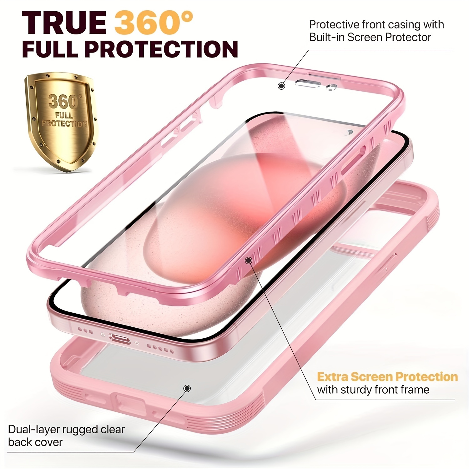 Touch Sensitive Miracase 360 Degree - Full Body Protective Case with Built-in Screen Protector - For iPhone 15 14 13 12 11/ Plus/ Pro/ Pro Max, Pink, Purple