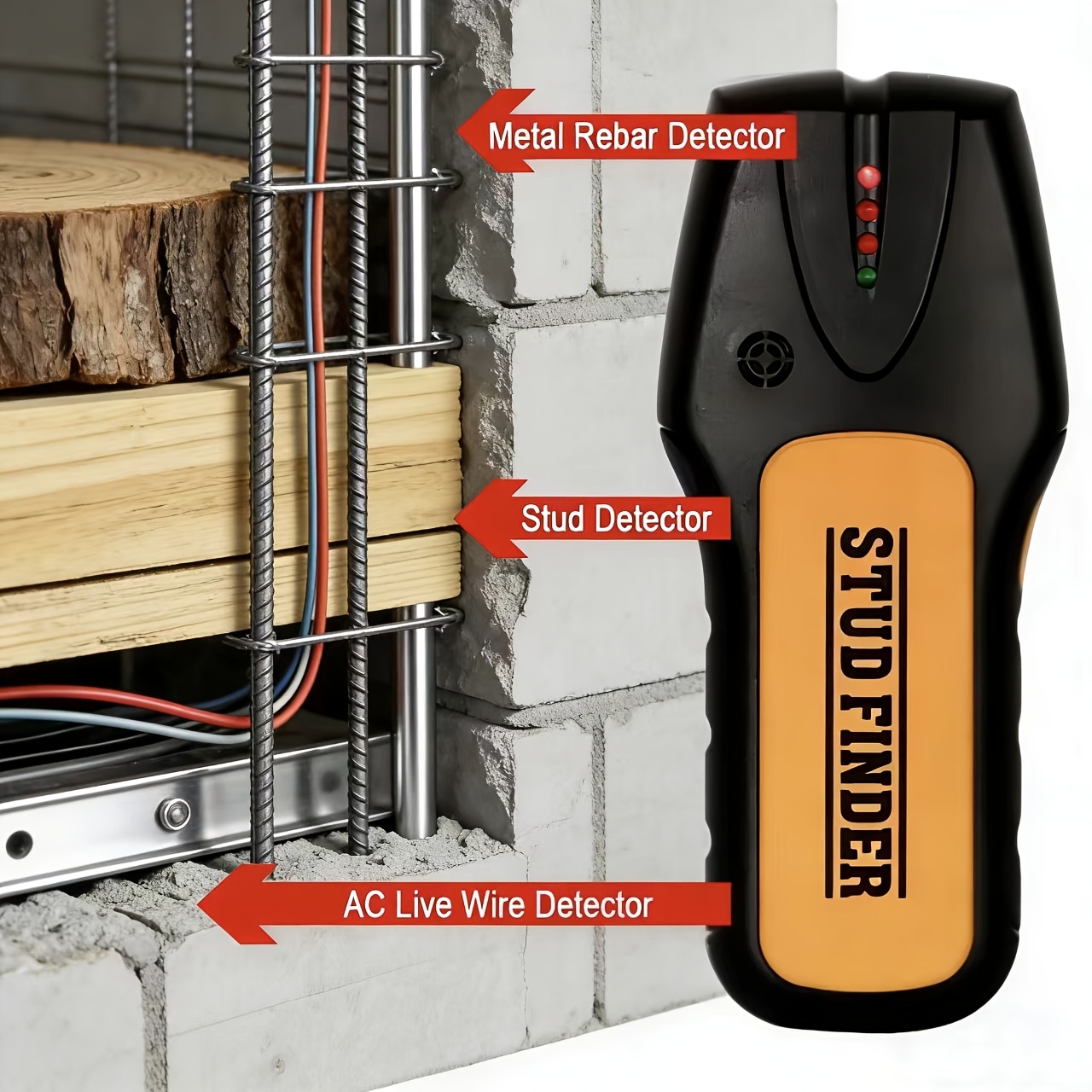 этот   стен может   идентифицировать провода переменного тока, металлические компоненты, такие как стальные трубы, и деревянные балки   стен. он предоставляет интуитивную обратную связь с помощью многоцветных индикаторных ламп, сигналы которых постепенно усиливаются по мере Детали 5