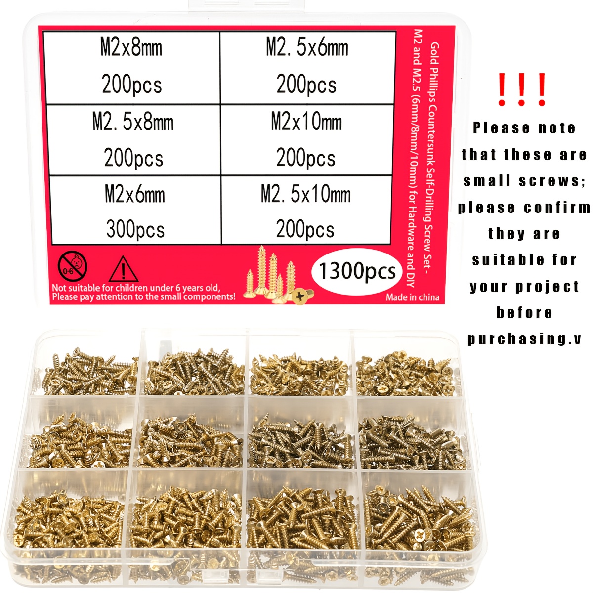 1300 -plated Golden Phillips Countersunk Self-tapping Screws Assembly - M2 And M2.5 (6mm/8mm/10mm), Golden Self-tapping Screws For Hardware And Diy (note That Are Small Screws).