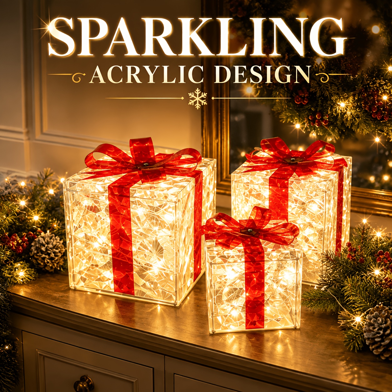 TEMU 3pcs Christmas Lighted Gift Boxes With Red Bows, Warm White Led Transparent Present Box Decorations, Ip66 Waterproof, 8 Lighting , Usb Powered