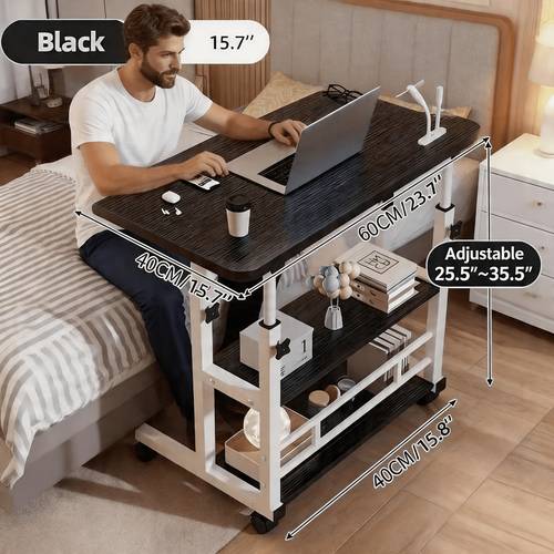 item picture This Movable, Height-adjustable Bedside Computer Desk Is Adjustable From 23 to 35 Inches. It Features A Three-tiered Storage Design with Omnidirectional Casters, Making It Suitable for Home, Bedroom