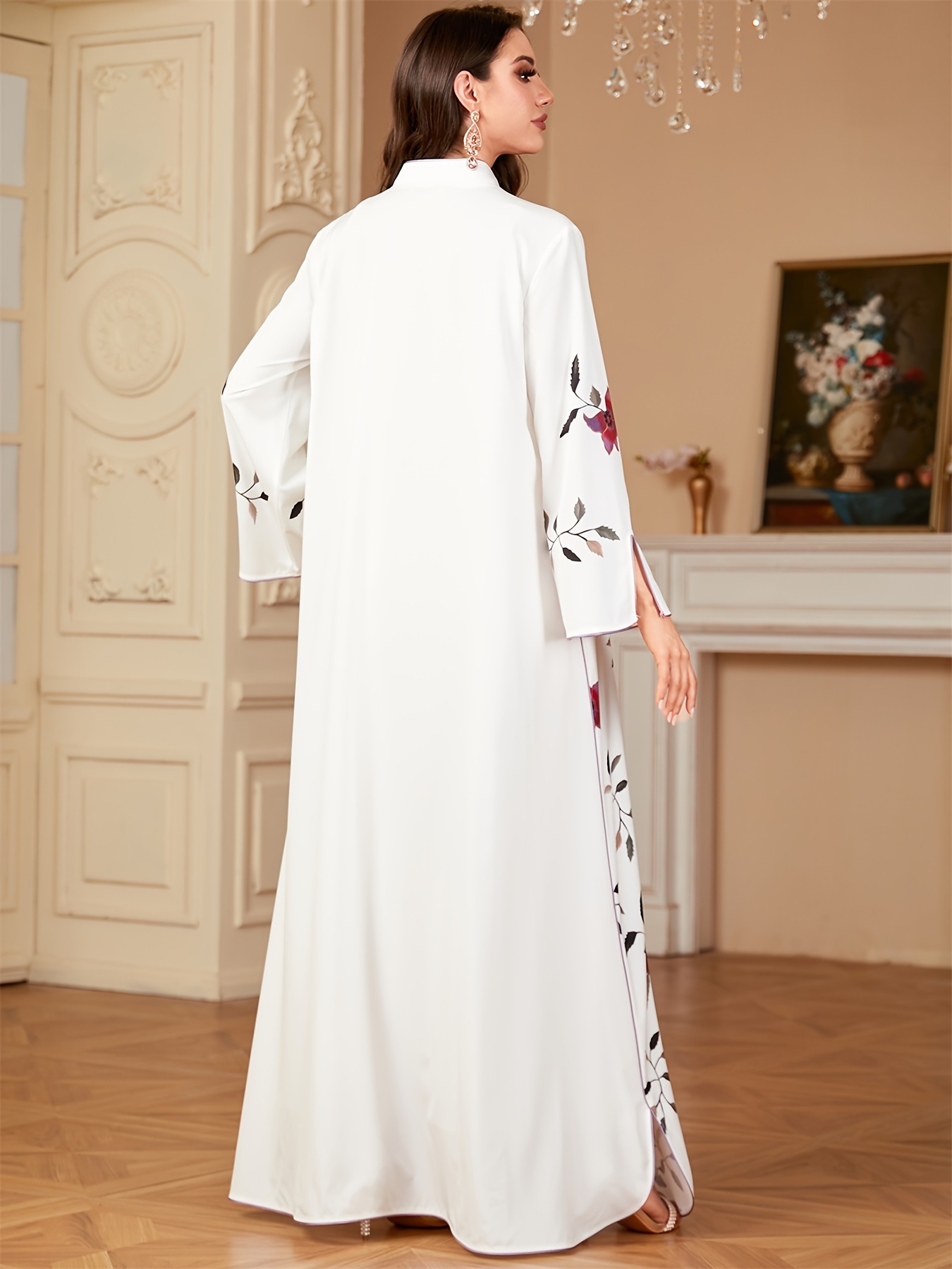 Ramadan-Elegant Floral Print Dresses Notched Stand Collar Long Sleeve  Abayas Dubai Moroccan Clothing