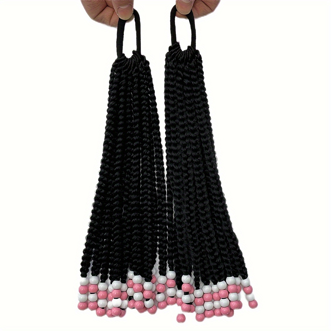 Image of 2pcs 10inch Adorable Braided Ponytail With Hair Beads Box Braid Crochet Locs Hair Extensions Detachable Synthetic Curly Hairpieces For Leisure Party Supplies, Cosplay Photo Props