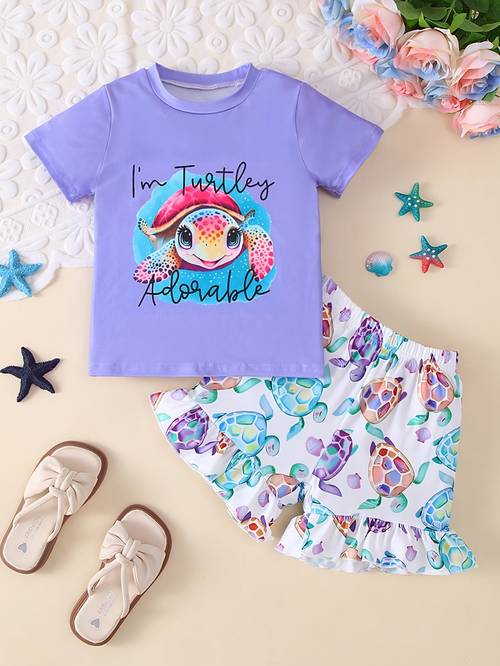 girls 2pcs colorful turtle swimming pattern short sleeve top and pants set colorful turtle pattern ruffle shorts for outdoor