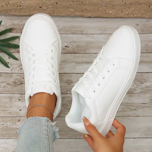 item picture womens pu low top sneakers suitable for skateboarding minimalist lace up skate shoes with cushioned md sole insole round toe casual skateboarding sneakers for daily skate wide fit shoes