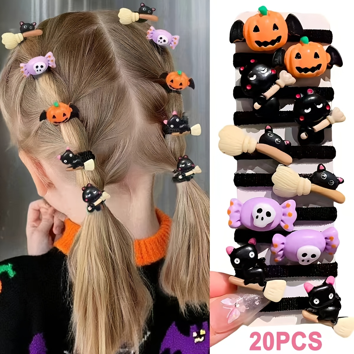 TEMU 20pcs Multicolor Fun And Stylish Halloween Hair Ties With, Pumpkin, And Witch Hat Patterns, Suitable As Halloween Party Gifts For Cute Girls,