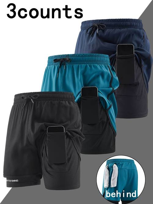 3 piezas de pantalones cortos de entrenamiento de rápido para hombre con cintura con cordón ajustable y en , adecuados para deportes , baloncesto, pesca - pantalones cortos deportivos de color liso, con peto y trabilla para cinturón para cordón, tela cómoda