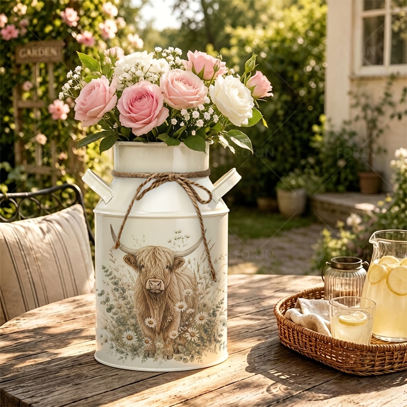 TEMU 1pc Iron Vase, Furry Highland Cow Amid Flowers , Home Decor Vase Suitable For Placement In Living Rooms, Bedrooms, Kitchens, And Gardens,