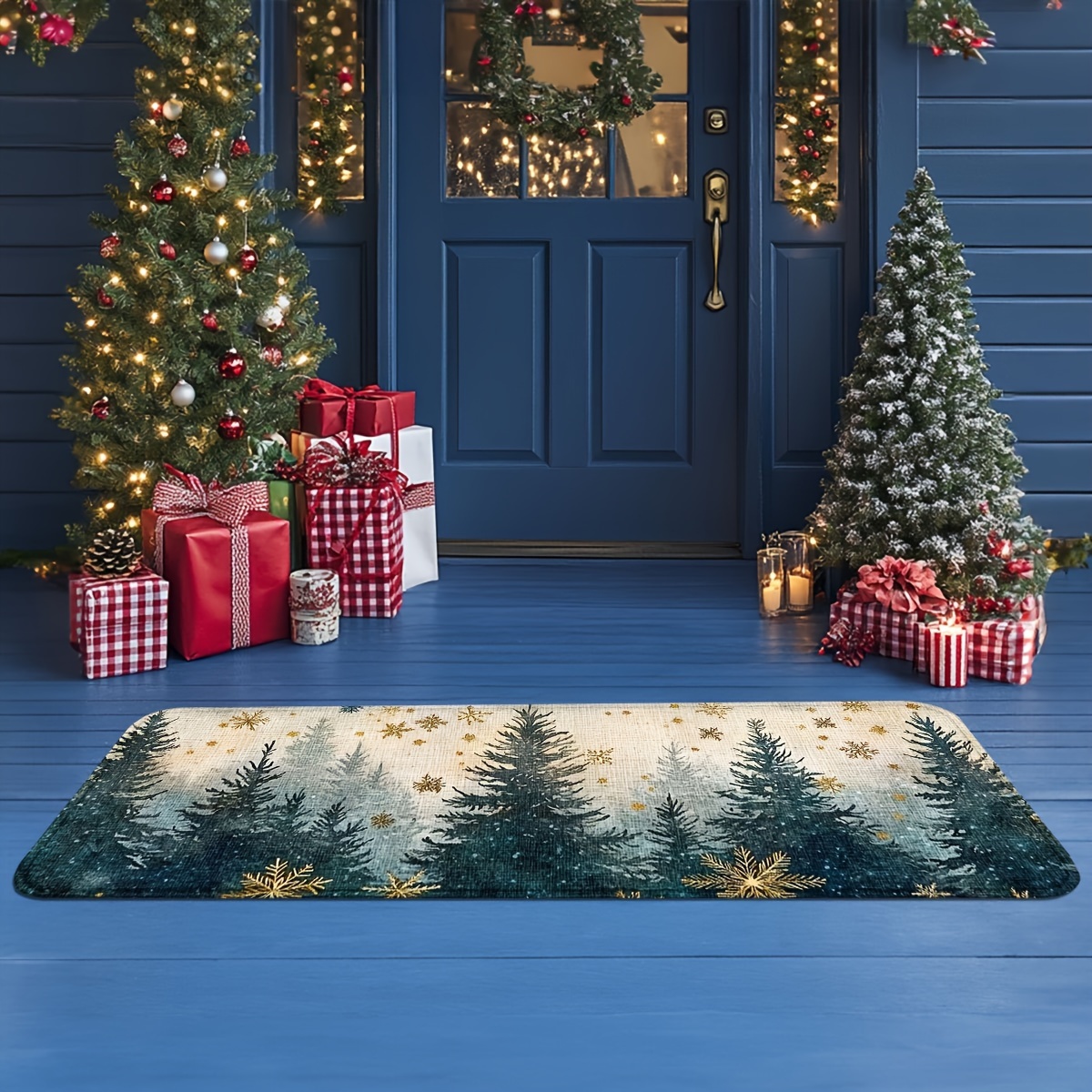 TEMU Christmas Cheer Non-slip Door Mat - Snowflake & Pine , Front Door, Bathroom, Rv, And Home Decor, Christmas Decor