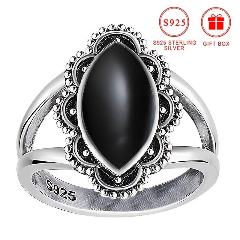 

1pc S925 Sterling Silver Bohemian Vintage , Delicate Marquise Beaded Petal Set With Black Onyx Wide Face Ring, Suitable For Casual Attire, Women's Gifts, 3.5g/0.12oz