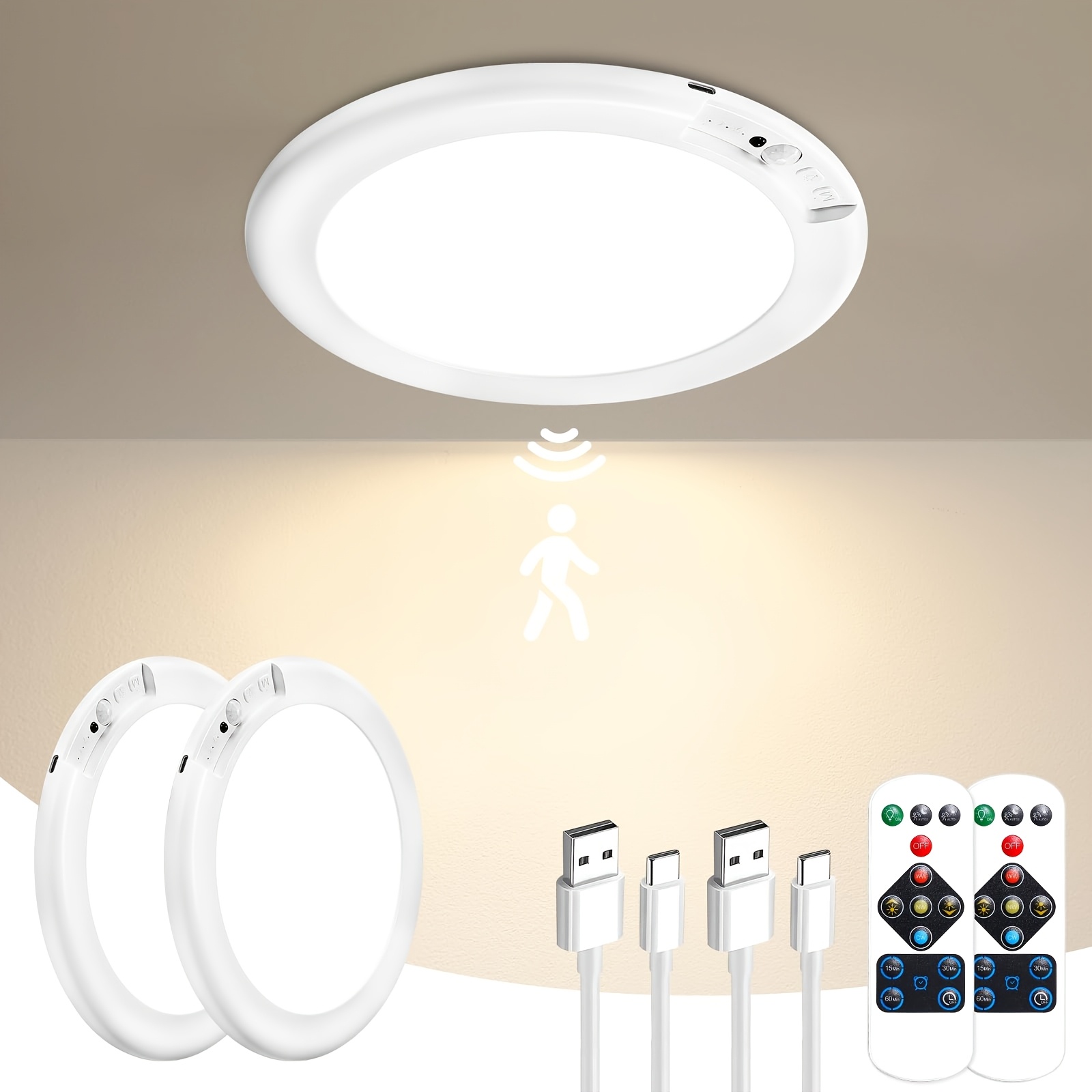TEMU 1/2pcs Rechargeable Motion Sensor Ceiling Light With Remote - No Wiring Magnetic Wireless Ceiling Light Battery Powered 3 Lighting Options For
