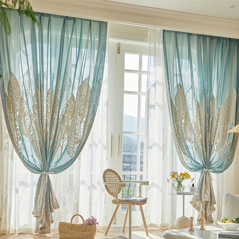 Image of 2pcs Luxury Sky Print Flannel Lace Half Blackout Curtains For Living Room Bedroom Door Window Multi Functional Hook Sunscreen Curtain Home Partition Drapes