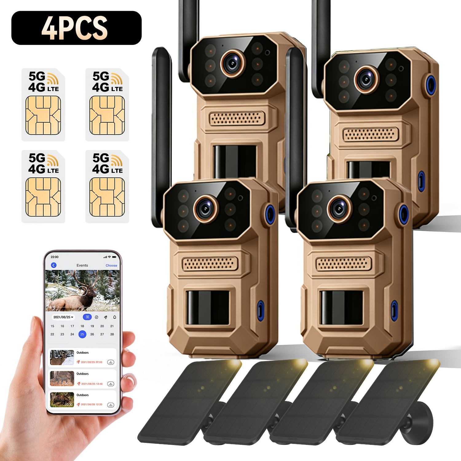 TEMU 4g/5g Lte Cellular Solar Trail Camera, Bulk Farm Ranch , 1/2/4pcs Wireless Game Deer Hunting Camera, Ip65 Waterproof, 4k 125° Wide Angle, 20w