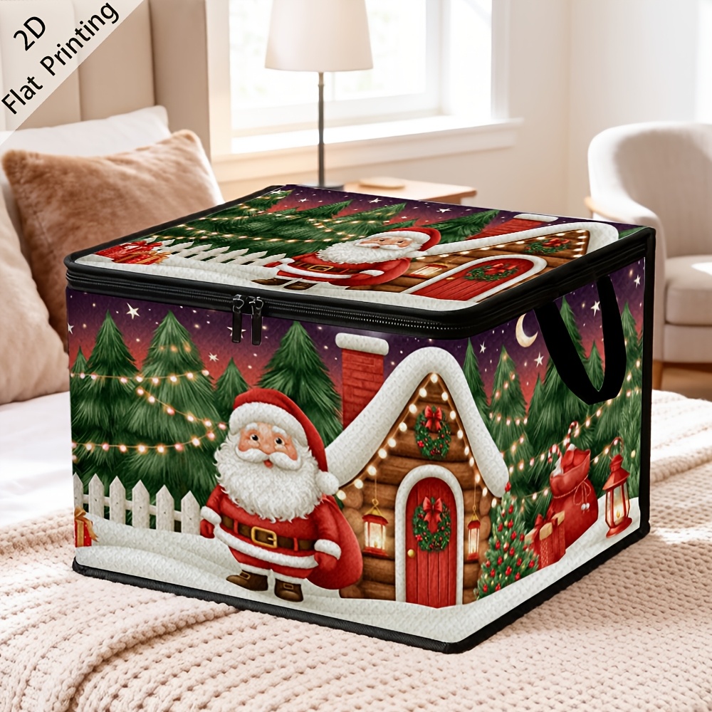 TEMU 1pc Suige Home Large Foldable Zippered Storage Basket With Santa & Christmas Tree - Vintage Fabric Organizer Suitable For Blankets,, Clothes,,