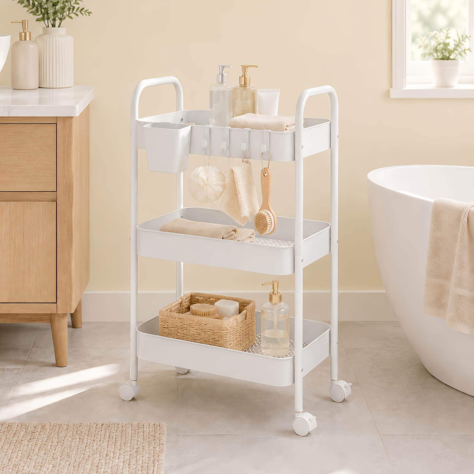Three-tier Handcart, Multi-functional Storage Rack, Large Capacity, Portable Wheels, Easy To Move, Rolling Storage Cart With Handle, Suitable For Office, Living Room, And Kitchen Storage