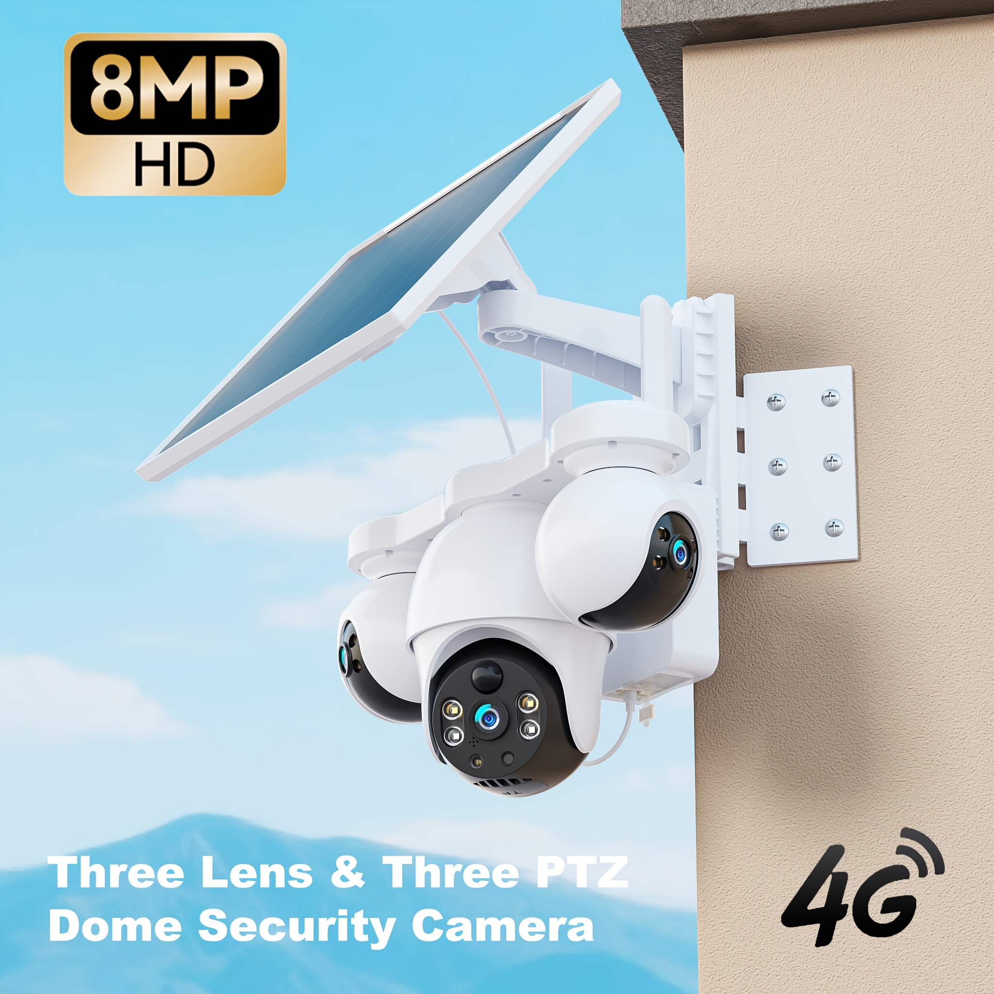 Three-lens, Three-screen 8mp 4g Outdoor Solar Security Camera Video Surveillance Ptz360° Pan-tilt Rotation, , Pir Human Detection, Voice, Night Vision, Alarm Push, Built-in Sim Card For