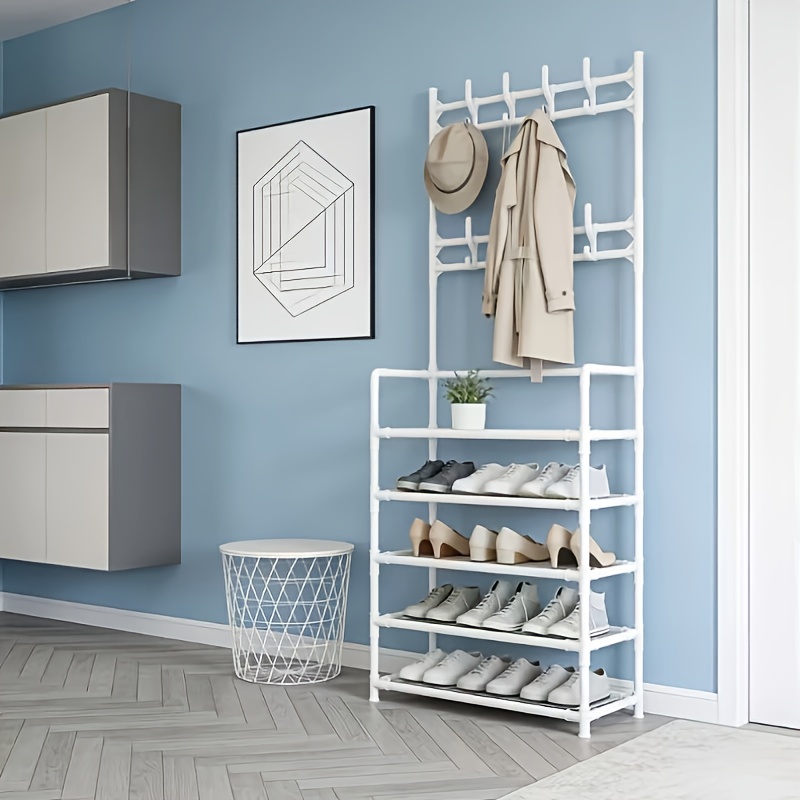 multifunctional entryway shoe and hat rack multifunctional metal storage rack with storage rack and 8 double hooks assembled shoe rack for hanging clothes and shoes multi purpose storage rack bedroom living room   organizer