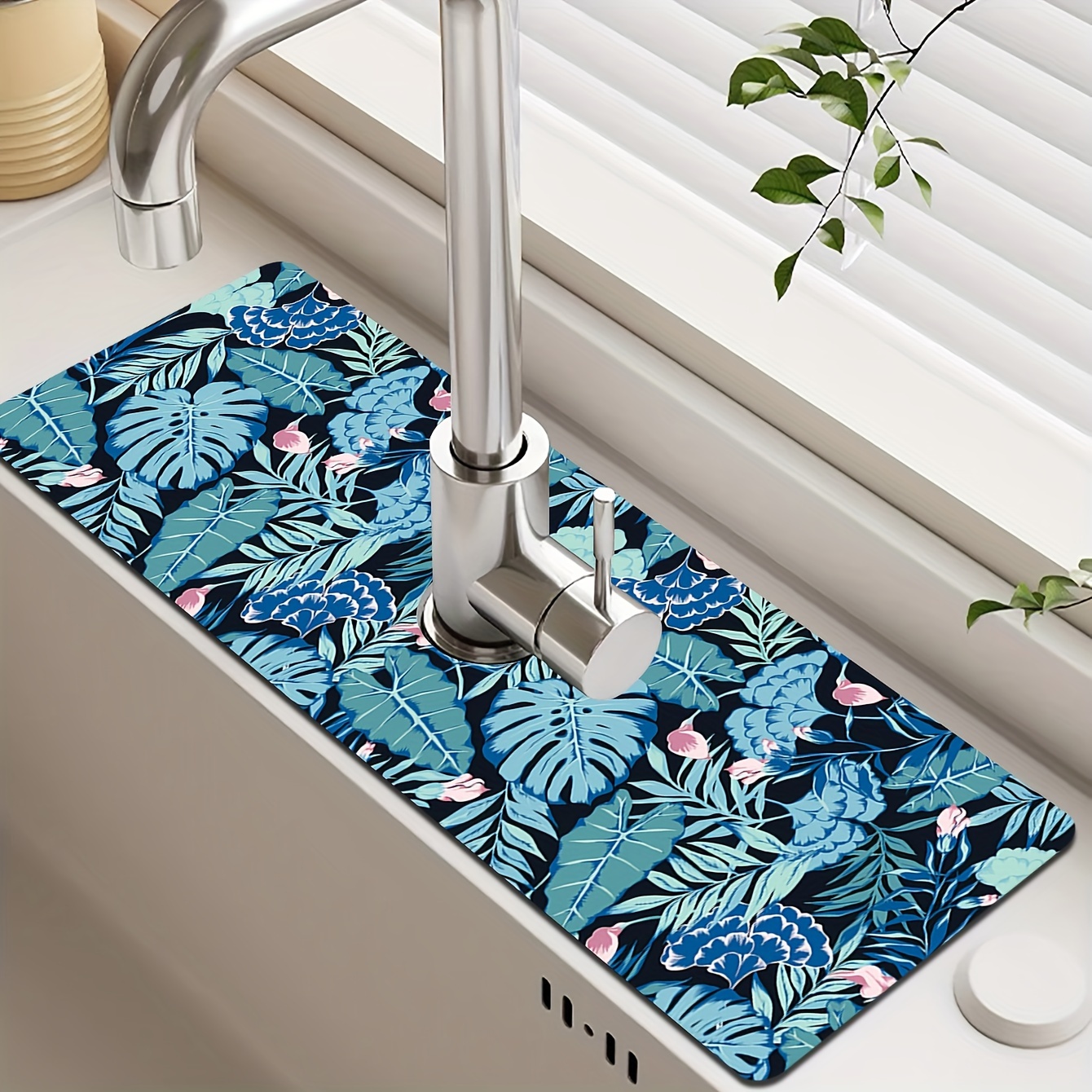 1pc Floral Pattern Faucet Draining Mat, Modern Polyester Non-slip Drain Pad  For Kitchen