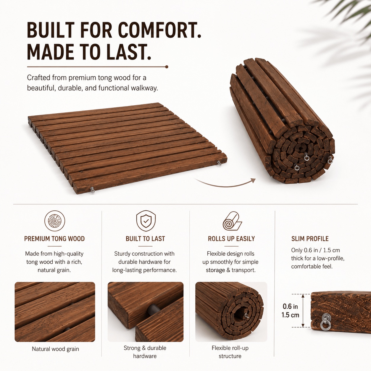 Image of 12 Ft Roll Out Wooden Garden Pathway, 366 Cm Outdoor Wood Slat Walkway With 1.5 Cm Thick Slats, Portable Garden With Compact Rolled Storage For Patio, Terrace, Lawn, Camping, Beach And Outdoor Use
