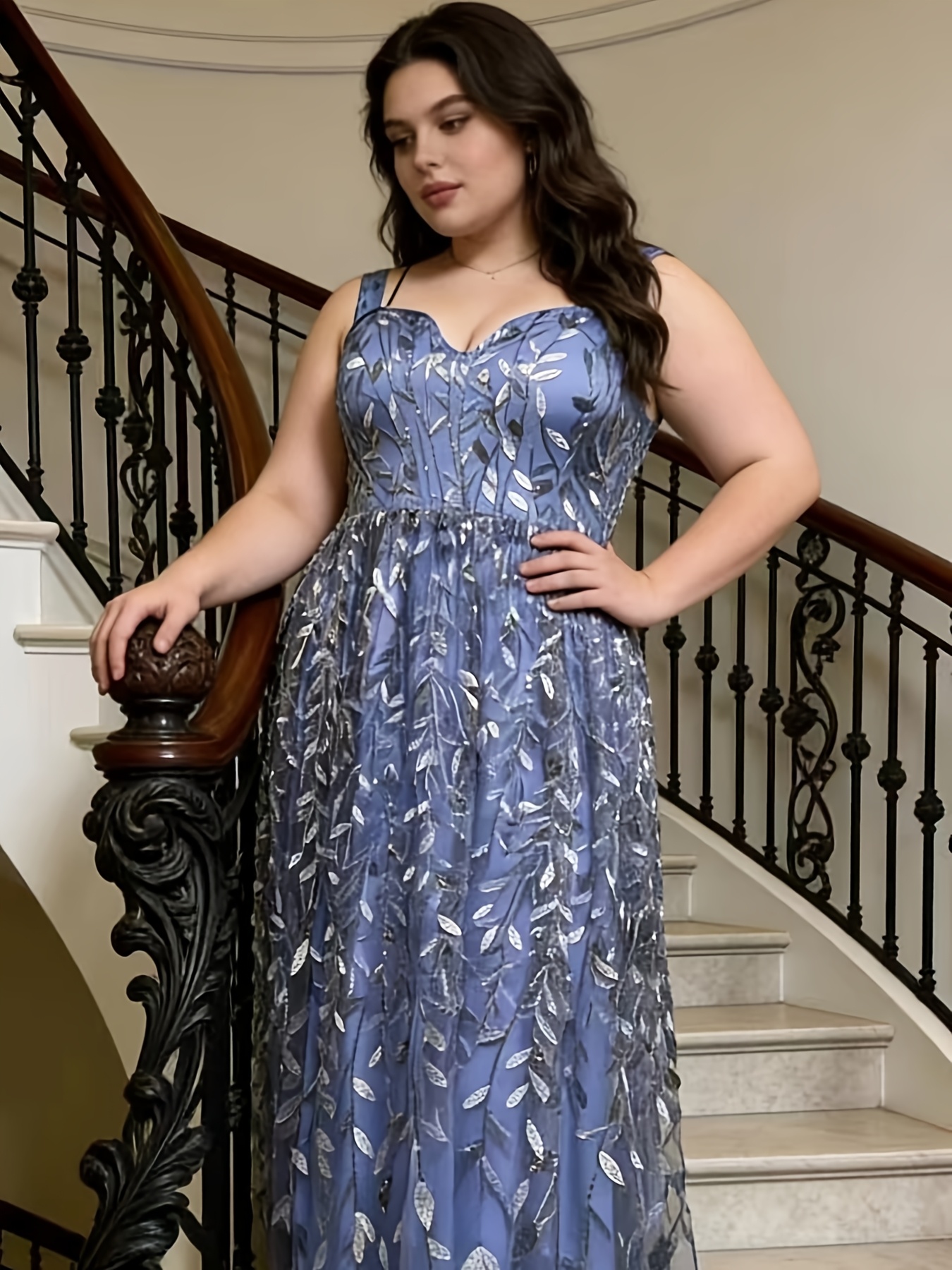 blue floral two piece prom dress Blue Large Sequin Half Sleeve Fit and Flare Long Evening Dress 4010841 –  SoloBridal main image 0