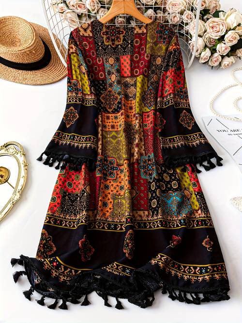 womens paisley print tassel top loose vacation sunscreen cover up cardigan