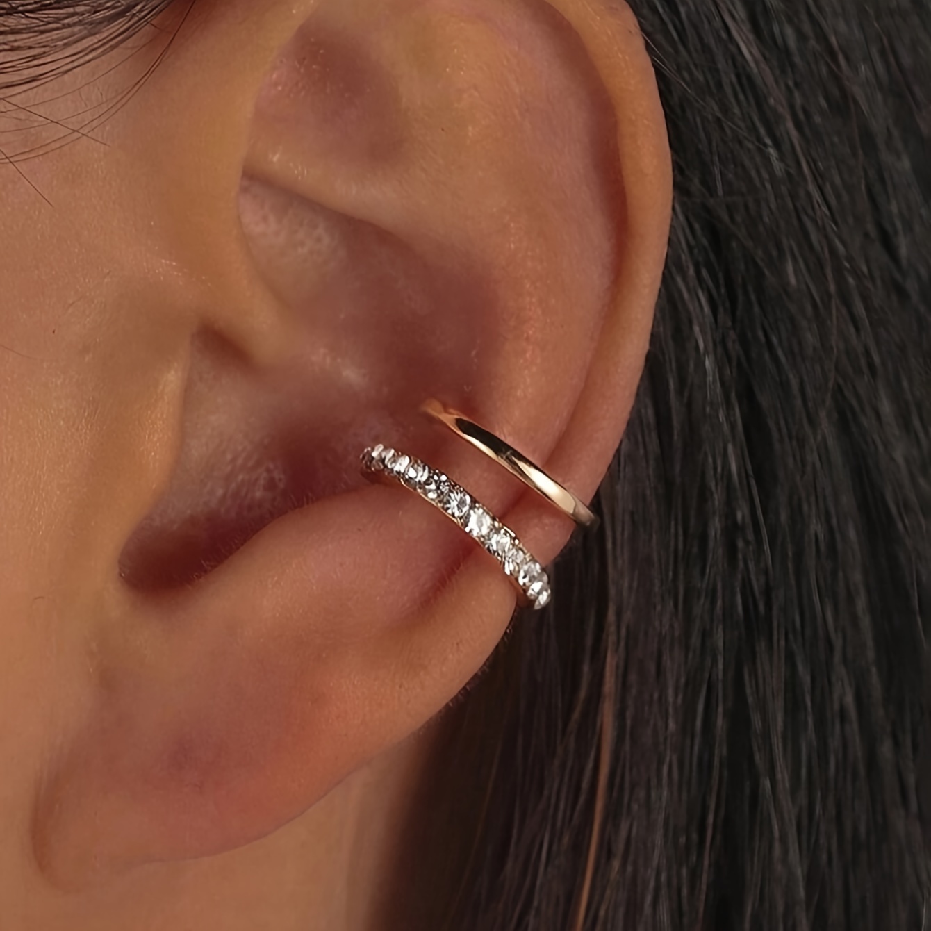 

1pc Minimalist Vintage Double Layered C-shaped Clip On Earring With Rhinestone, Suitable For Women's Daily Wear, Parties And Festivals