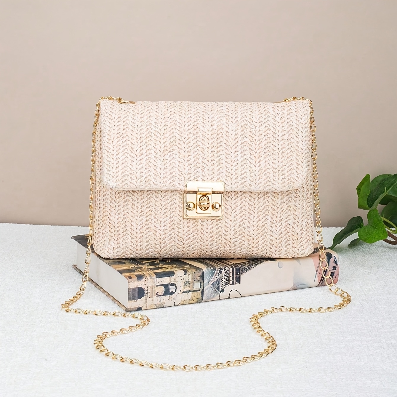 TEMU Woven Chain Small Square Bag, Summer Beach Vacation Straw Bag, Women's Versatile Single-shoulder Crossbody Bag With Lock Clasp
