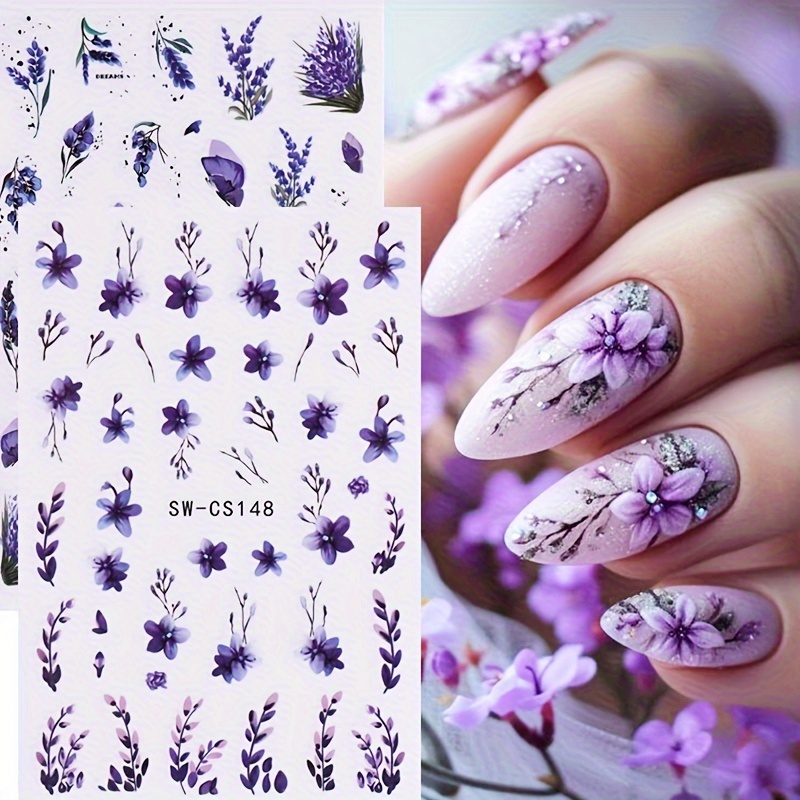 

Fantasy Lavender Butterfly Flower Nail Stickers: Spring/summer Design, Self-adhesive, Reusable, Shiny Finish, Plastic Material, No Fragrance, Perfect For Women And Girls