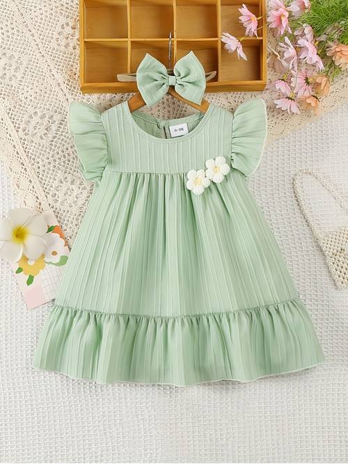 baby girl cute green dress flutter sleeve 3d flower pleated casual dress casual summer dress with matching color bow headband