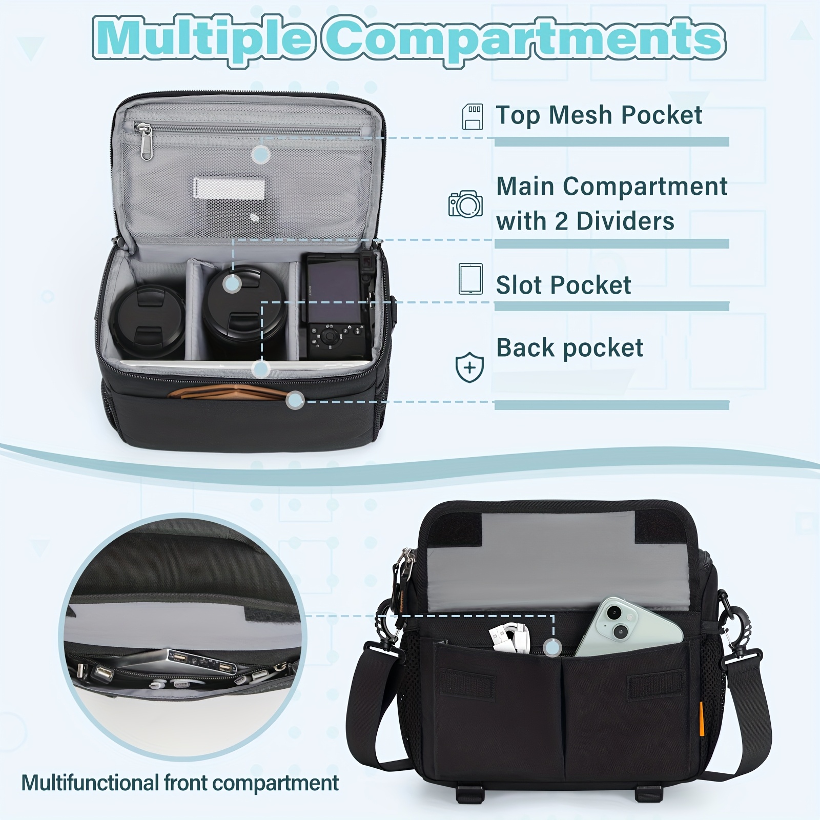   borsa per fotocamera dslr e mirrorless, tracolla   per fotografi con portatelo per treppiede, custodia compatta per fotocamera Dettagli dell'articolo 6
