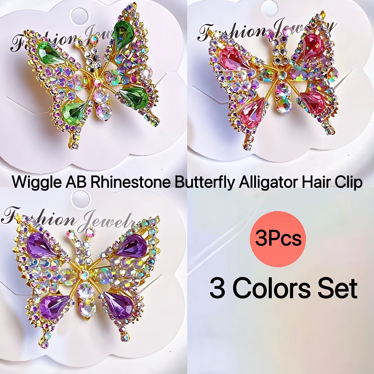 TEMU 3pcs Colorful Rhinestone Dynamic Wiggle Duckbill Hair Clip Set, Y2k Vintage Shiny Rhinestone Design, Wiggle Wings, Suitable For Party Updos And