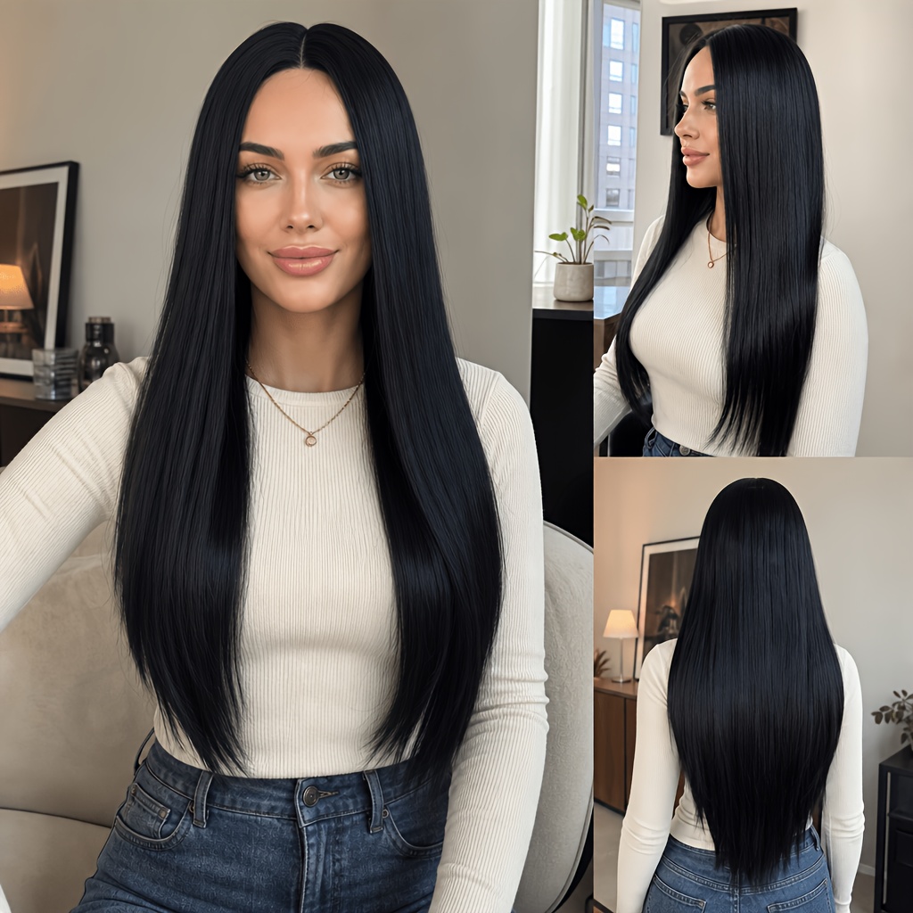 TEMU 30 Inch (75cm) Long Straight Black Synthetic Wig With Heat-resistant And Glue , Natural Appearance, Suitable For Daily Party Ladies To Wear