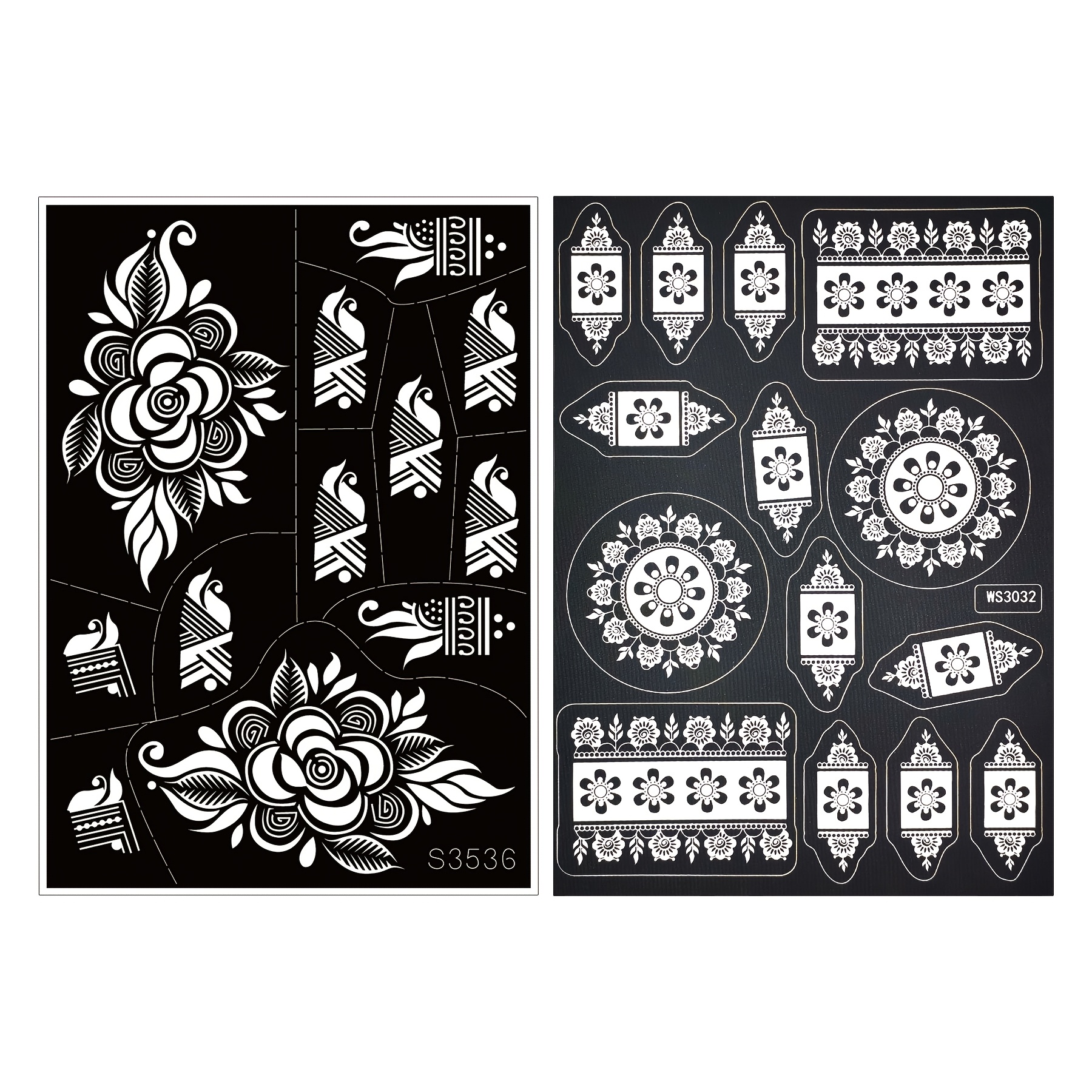TEMU 2 Vintage Mandala Floral Hollow-out Tattoo Stencils: Vintage Large Rose Scrollwork + Circular Wreath Border With Small Flowers, Reusable