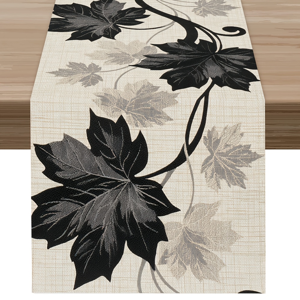 TEMU 1pc, Leaf Scroll Vine Table Runner, Gray Artistic Style, New Autumn Table Setting, Polyester Tablecloth Decor, Home Decor, Kitchen Additions,