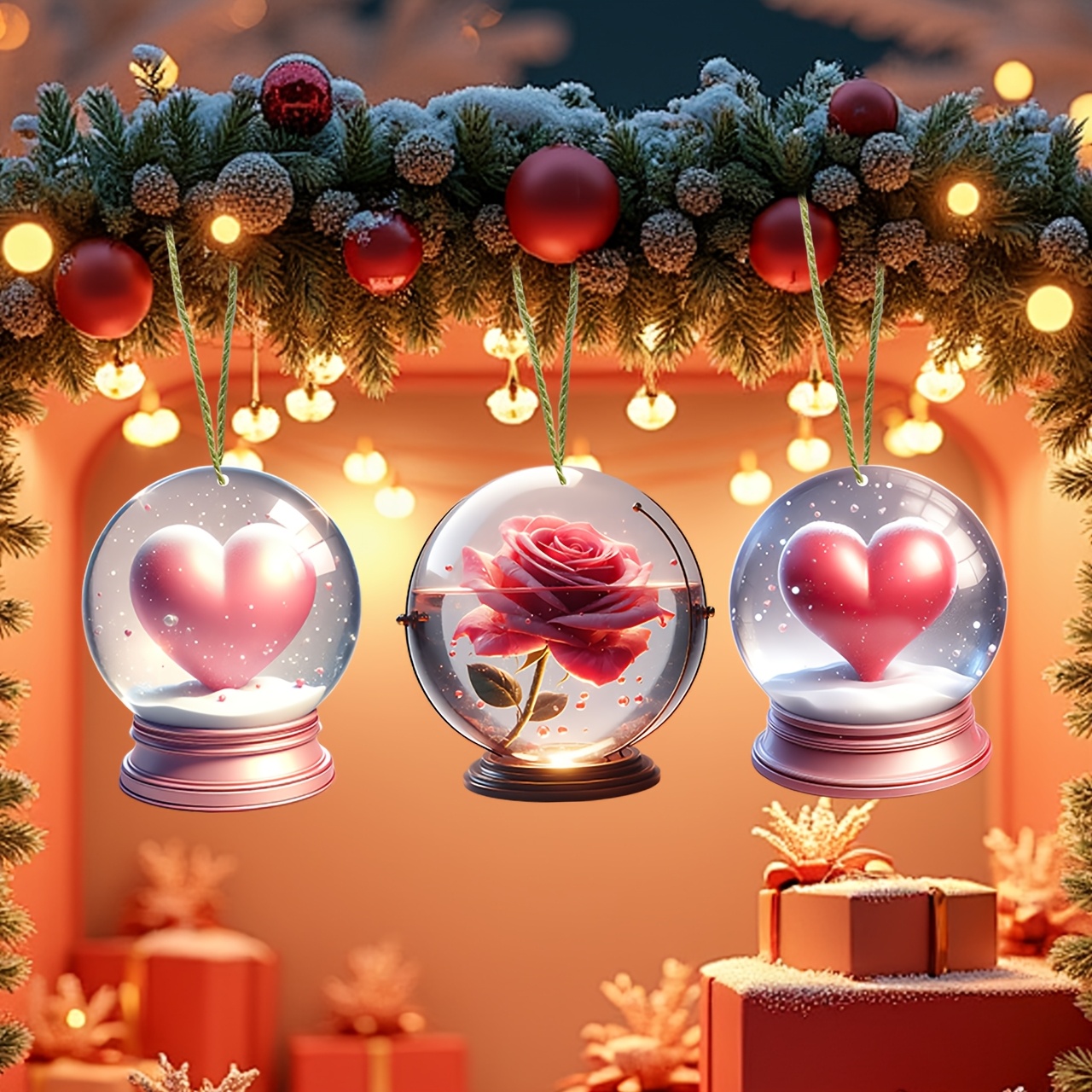 

12pcs Valentine's Day Crystal Ball & Heart Wooden Hanging Ornaments Set - Handcrafted, -themed Decor With Red Roses & Lighting For Parties & Home, Ideal