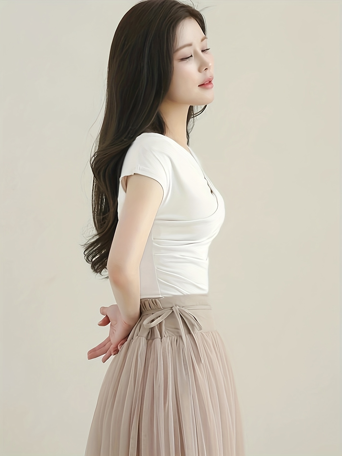 Women's Elegant Asymmetrical Neckline Ruched Slim Fit Short Sleeve T-Shirt - Solid Color, Medium Stretch, Spring/Summer Casual & Formal Wear, Ladies T Shirts, Summer Outfit, Chic Style, Stretchy Fabric, Fitted Shirt, Summer Wardrobe
