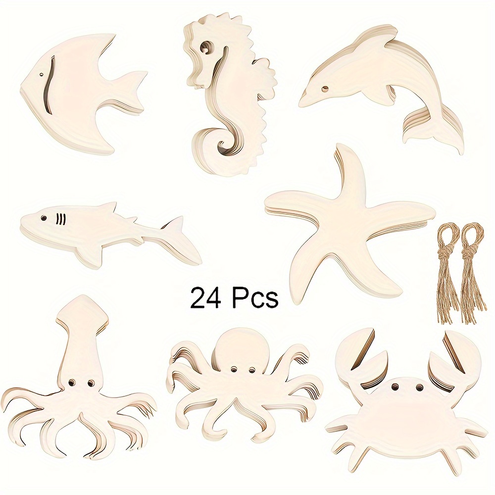 

24pcs Wooden Ocean Animal Cutouts Set - Diy Paintable Sea For Crafts & Decor, Includes , Octopus, Dolphin, Turtle, Shark, Crab - Home, Party, And Festival Decorations