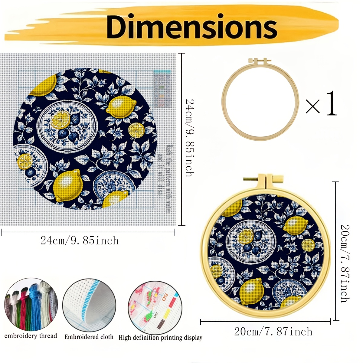 Round DIY Cross-Stitch Printed Kit with Embroidery Hoop, Deep Blue Lemon Tableware Pattern