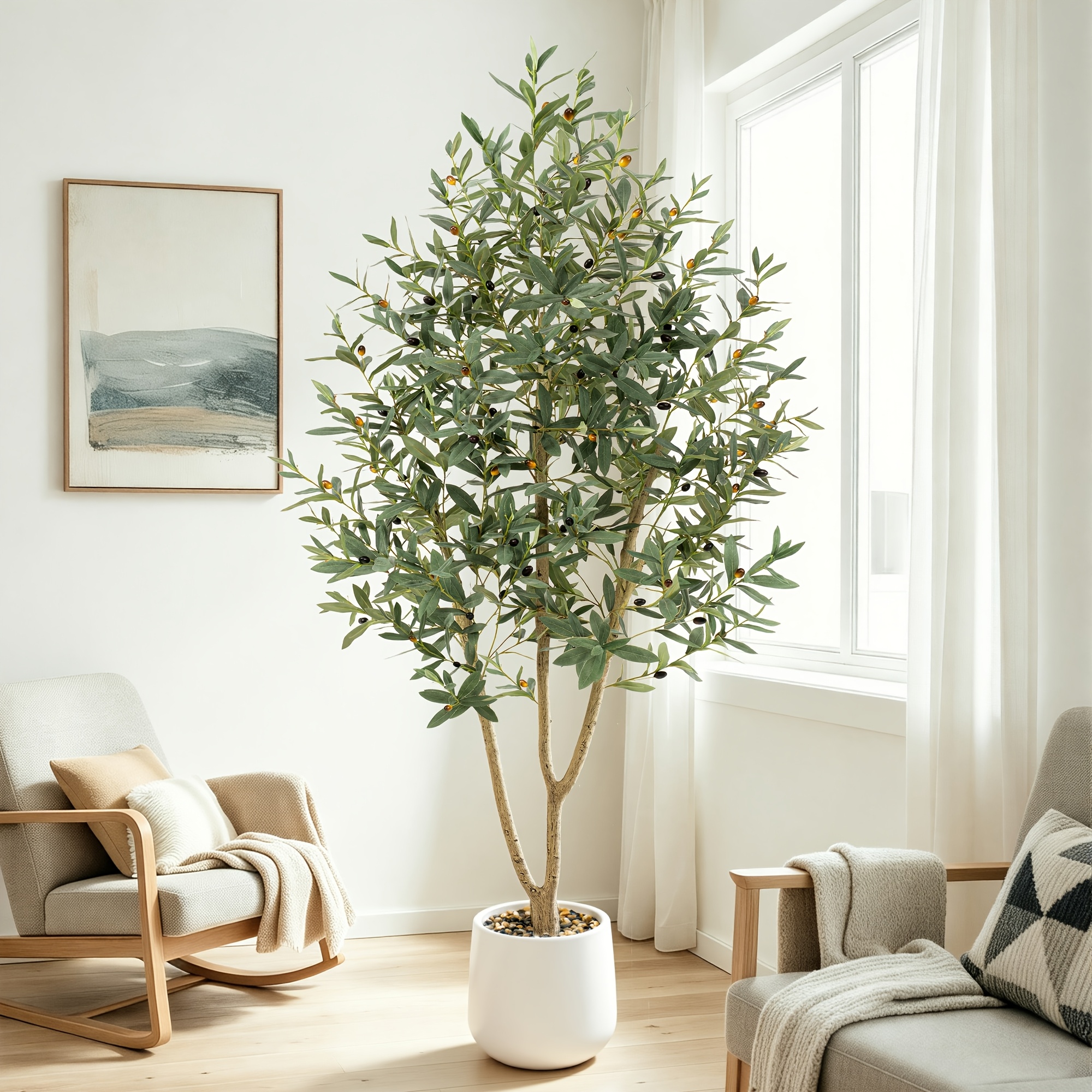 TEMU 6.2ft 7.2ft Artificial Olive Tree With White Planter, Natural Trunk Fake Olive Plant With Olives, Decorative Tree For Indoor Outdoor & Christmas