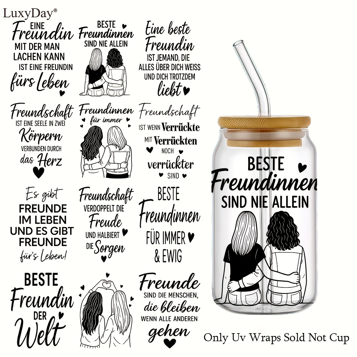 4-piece German Best Friendship Quotes Themed Erasable Uv Dtf Transfer Stickers, With Friendship Quote Art Decals, Suitable For Cups, Bottles, Diy Furniture, Glass, Glassware, Bottles, And Crafts