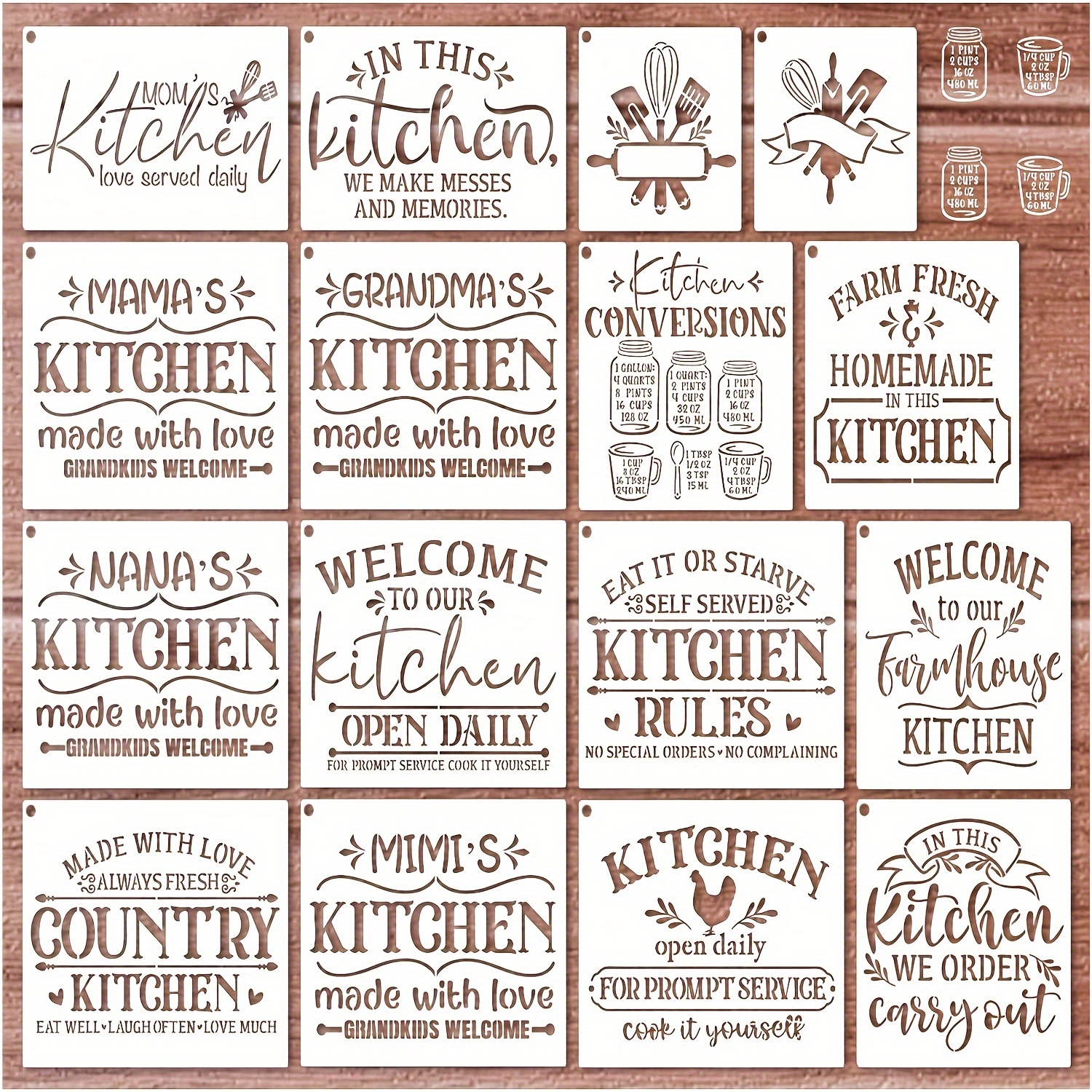 

16pcs Farmhouse Kitchen Stencils With Metal Grommets, Reusable Plastic Templates For Painting On Wood, Vintage Floral & Rustic Signs Craft Projects, Wall Fabric Canvas Decor