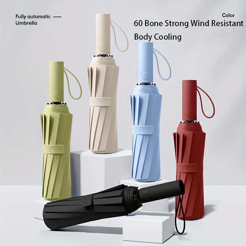 

1pc Automatic Umbrella With 60 Bone Reinforcement - Windproof & Uv Protection, For , Sun And With Stylish Handle In Beige, Green, Blue, Red