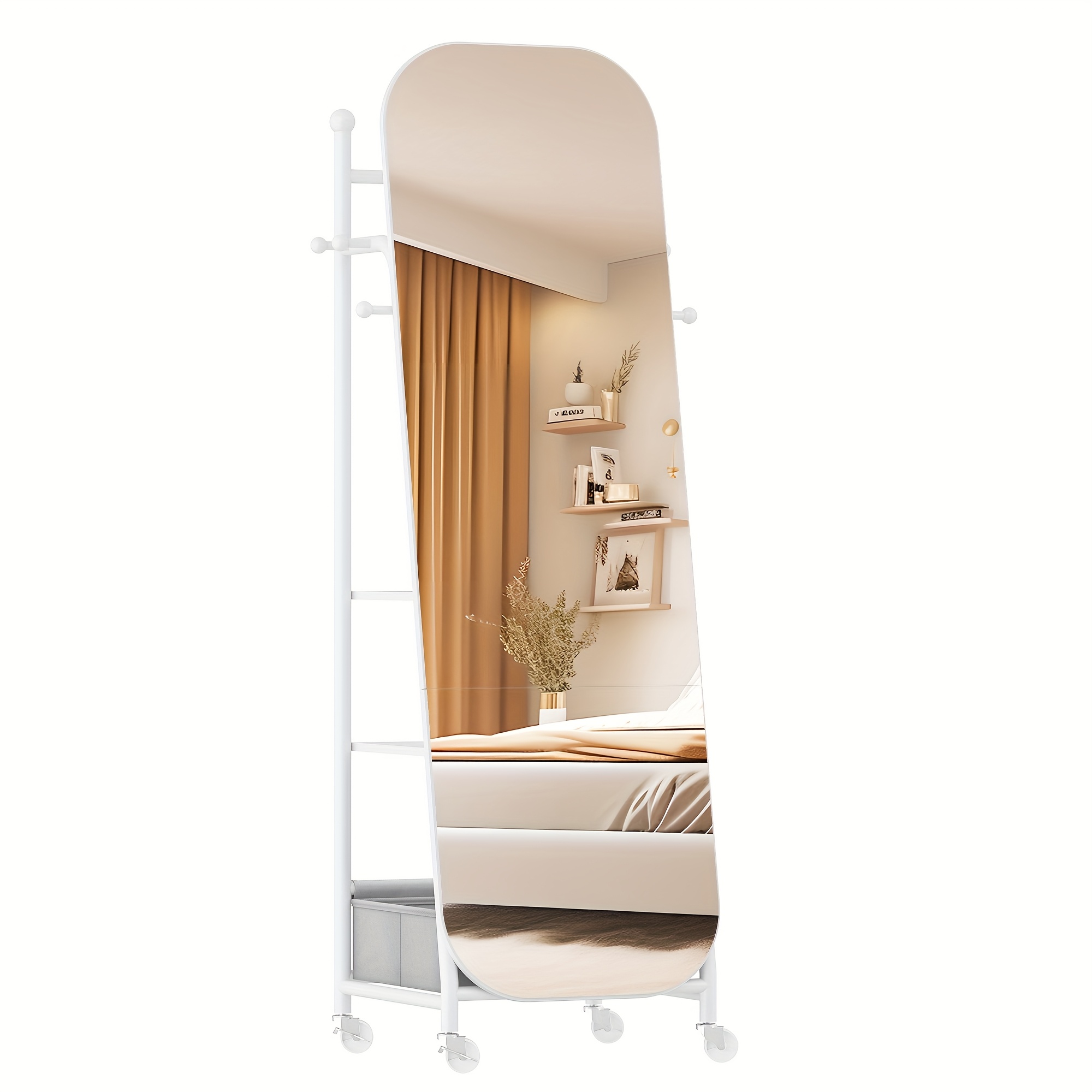 TEMU Full-length Mirror, Dressing Mirror With Wardrobe, 360 Degree Rotating Wheels, Standing Mirror With Storage Box And Hooks, Suitable For Bedroom