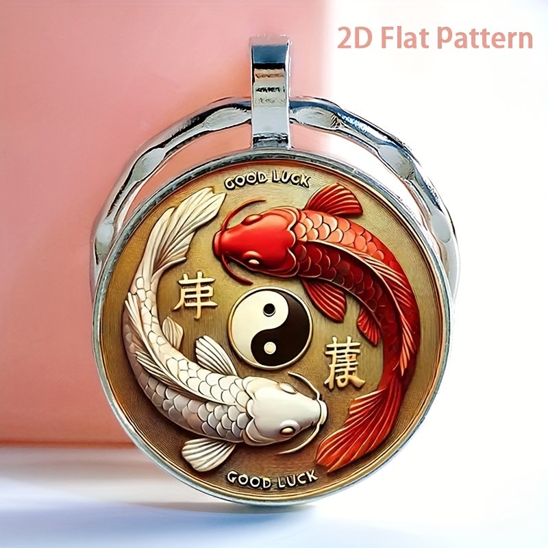 item picture a keychain featuring a time gem with elements of the bagua and koi designed for keys or bags in a 2d pattern