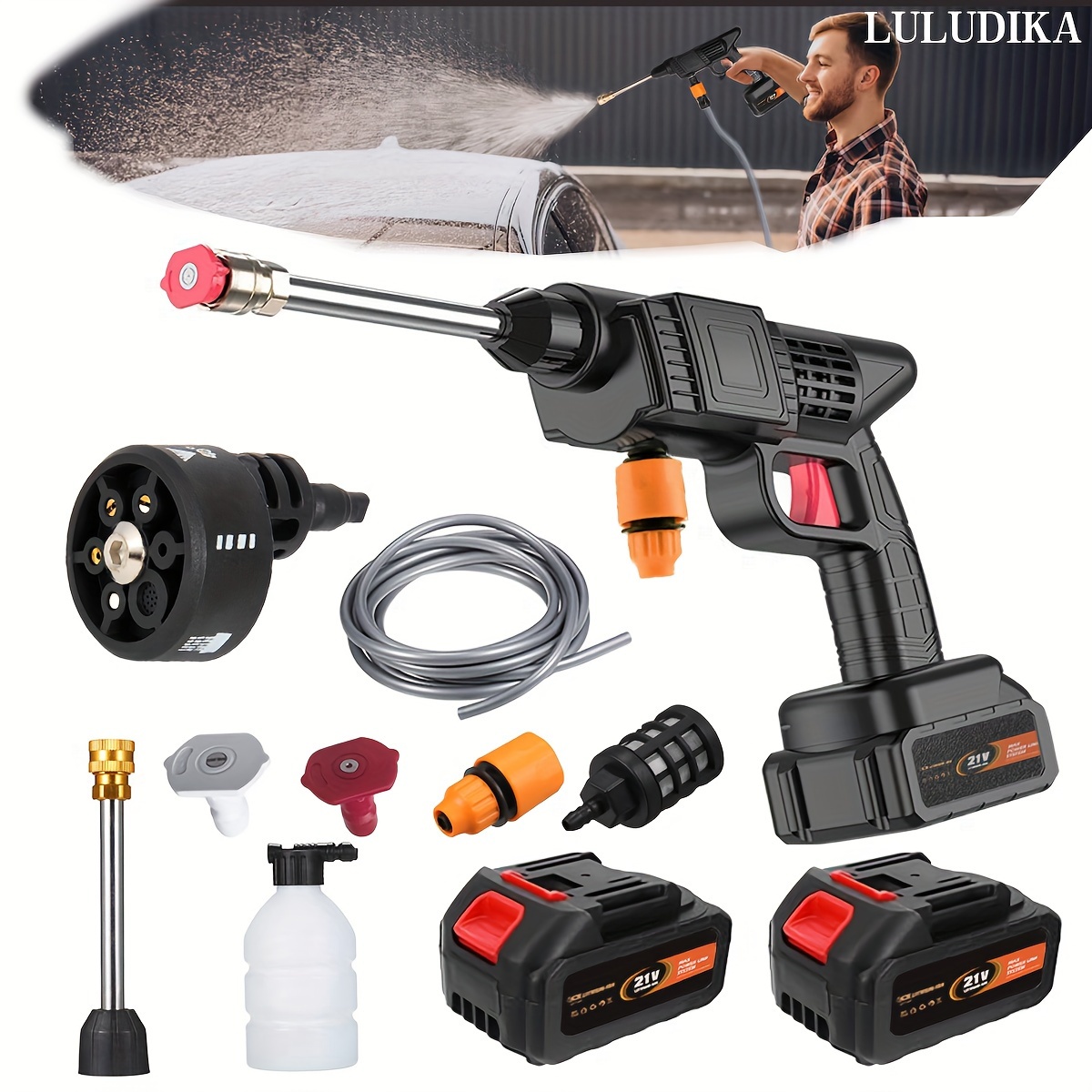 TEMU Cordless Pressure Car Washer Gun, Portable Cordless Power Washer With 2pcs Chargeable Batteries, 452psi 1500mah Battery Powered Pressure Washer,