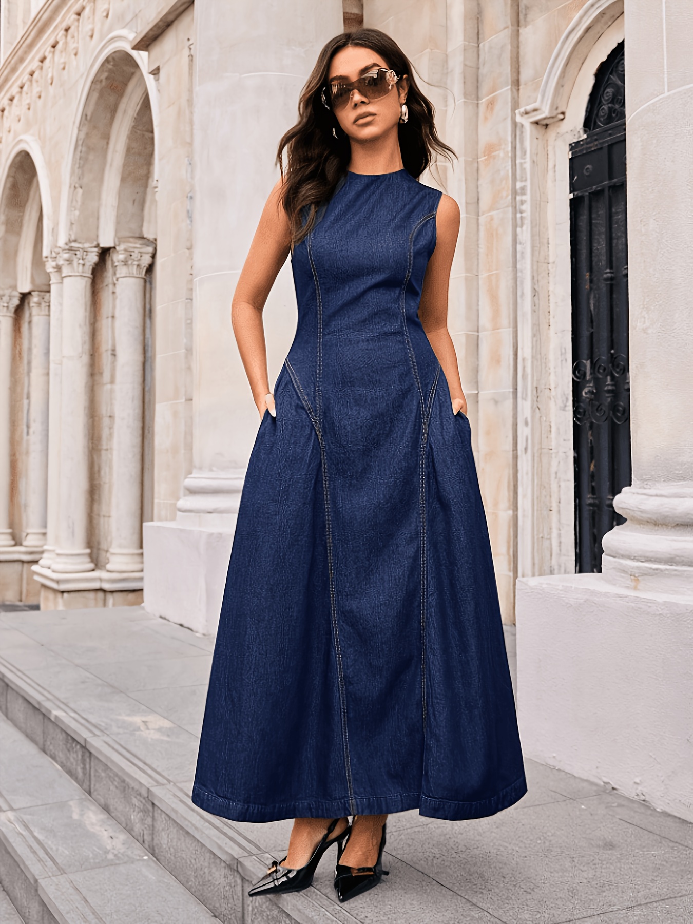 vintage denim maxi dress Dark Indigo Sleeveless Women'S Round Neck Contrast Seam Waist-Cinching Flared A-Line Long Skirt * * with Pockets French * Fitted Vest Denim Flared Skirt Puff sleeve denim 26 Hips 35 Size:46 Regular Jacket+40 Waist Adjust 36to42)(Height: 5'7