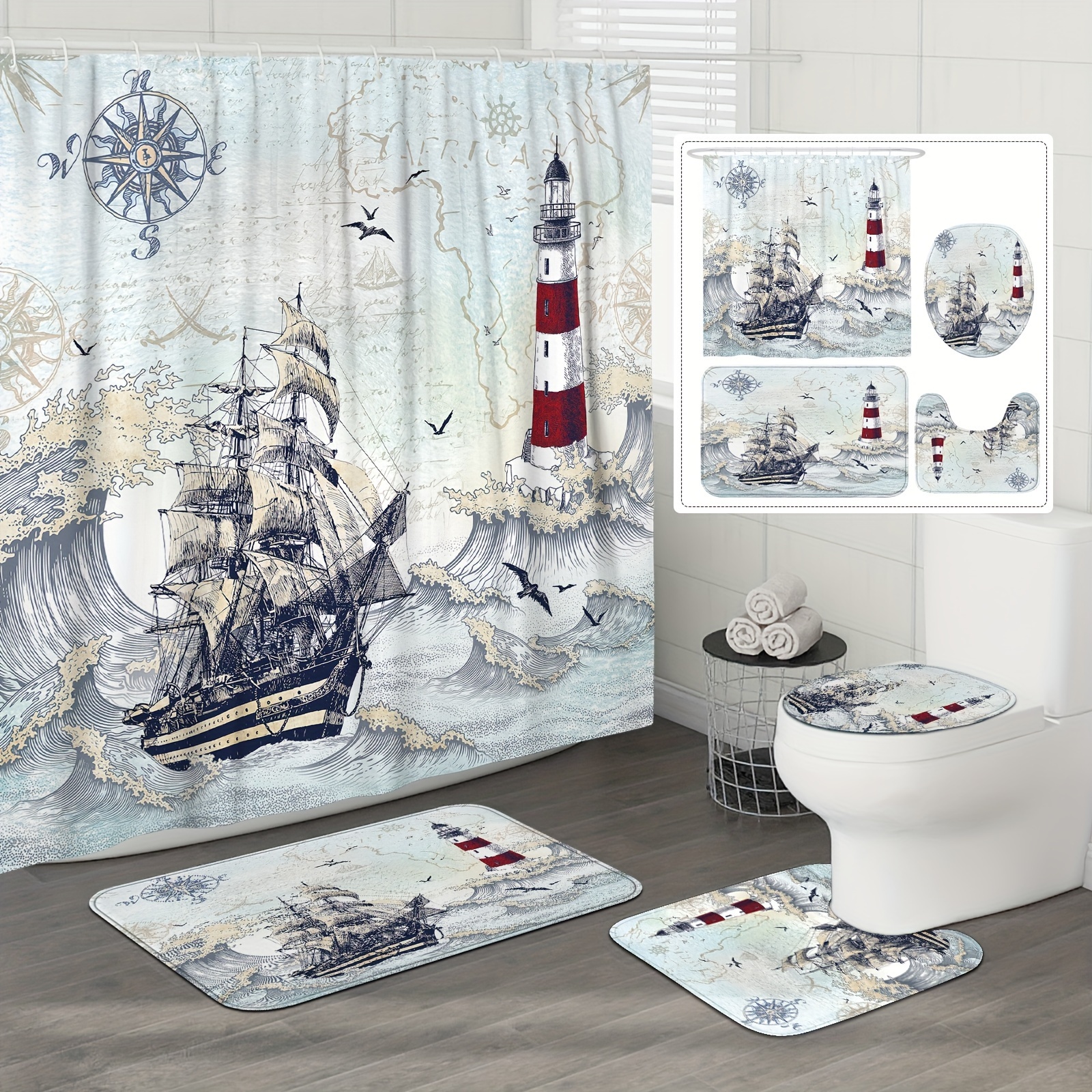 

Nautical Ocean Lighthouse Boat Compass Shower Curtain Set With Curtain And Rugs - 71" X 71