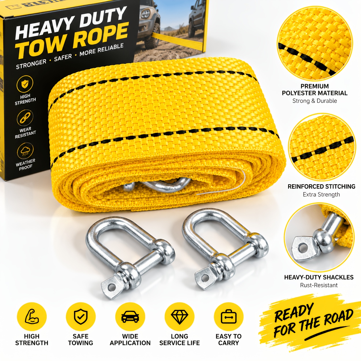 TEMU 3pcs Car Emergency Tow Strap Set, /9.84ft Yellow Braided Towing Rope, 4cm/1.57in Widened Webbing, Includes 2 Metal Shackles, Vehicle Towing